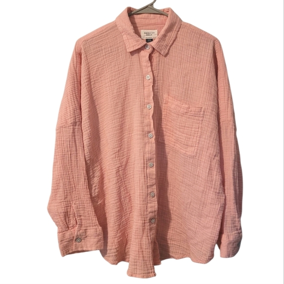 American Eagle Cotton Gauzy Peach Button-up Long Sleeve Oversized Shirt Wmns M - Picture 1 of 13